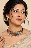 Navratna Enamel & Cowrie Shell Oxidized Silver Choker Set