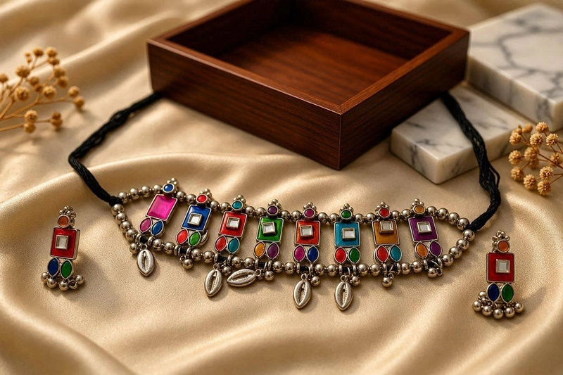 Navratna Enamel & Cowrie Shell Oxidized Silver Choker Set
