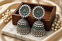 Peacock Feather Oxidized Crystal Jhumka Earrings