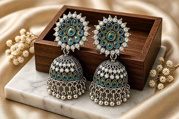 Peacock Feather Oxidized Crystal Jhumka Earrings