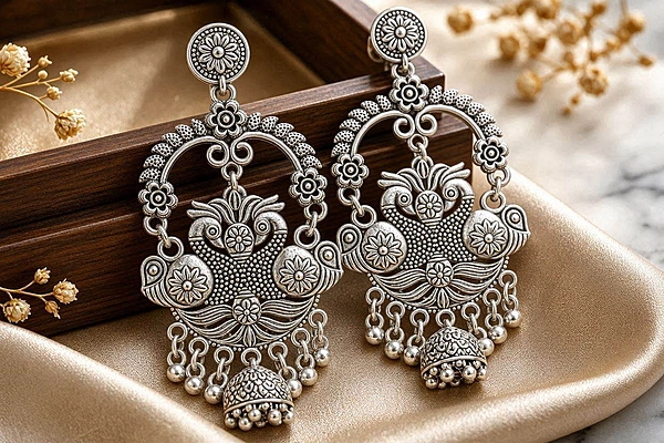 Vintage Twin Peacock Chandelier Jhumka Earrings