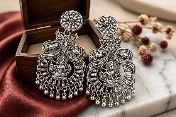 Divine Krishna & Peacock Oxidized Statement Earrings