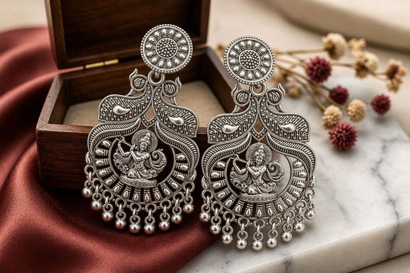 Divine Krishna & Peacock Oxidized Statement Earrings