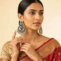 Peacock Oxidized Chandbali Earrings with Black Gem & Ghungroo Clusters