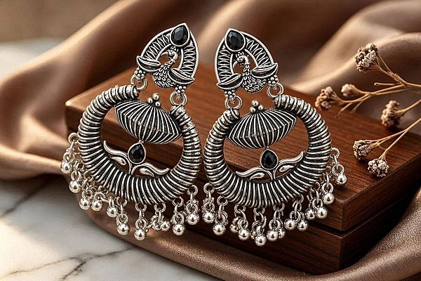 Peacock Oxidized Chandbali Earrings with Black Gem & Ghungroo Clusters