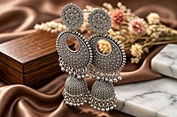 Mandala Oxidized Chandbali Jhumka Earrings with Ghungroo
