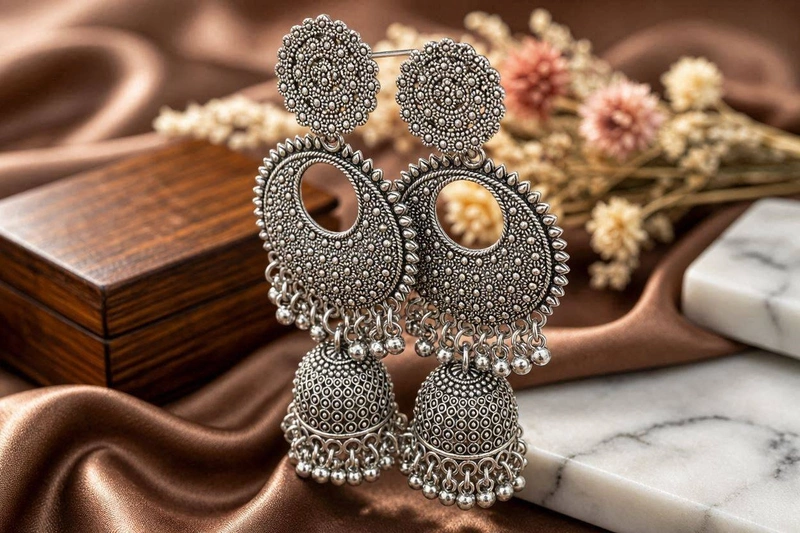 Mandala Oxidized Chandbali Jhumka Earrings with Ghungroo