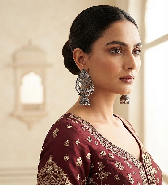 Botanical Teardrop Oxidized Jhumka Earrings with Leaf Filigree