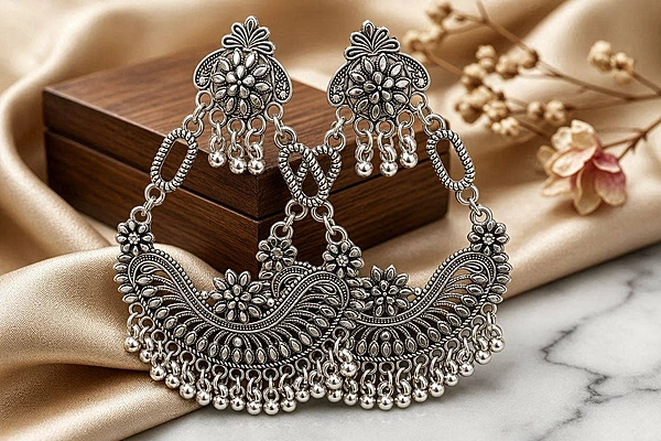 Floral Crescent Oxidized Chandbali Earrings with Ghungroo Fringe
