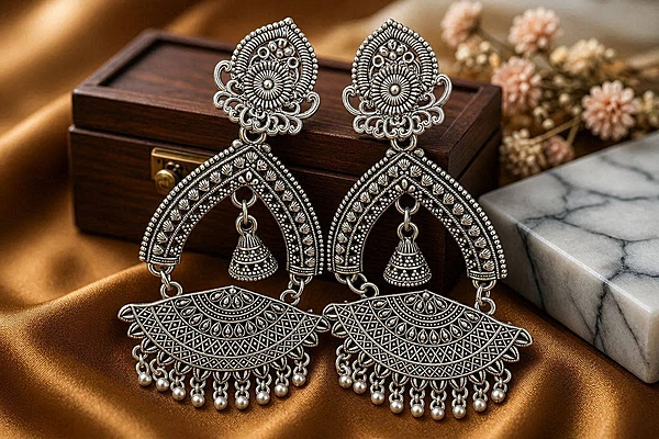 Architectural Arch Oxidized Silver Earrings with Jhumka & Fan Lattice Drop