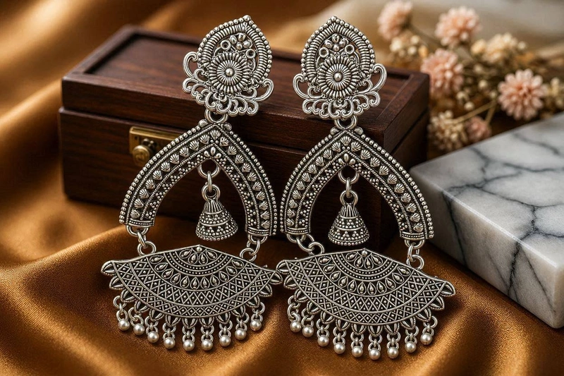Architectural Arch Oxidized Silver Earrings with Jhumka & Fan Lattice Drop