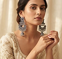 Radha Krishna Temple Motif Oxidized Chandbali Jhumka Earrings