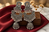 Radha Krishna Temple Motif Oxidized Chandbali Jhumka Earrings