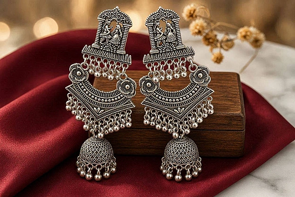 Radha Krishna Temple Motif Oxidized Chandbali Jhumka Earrings