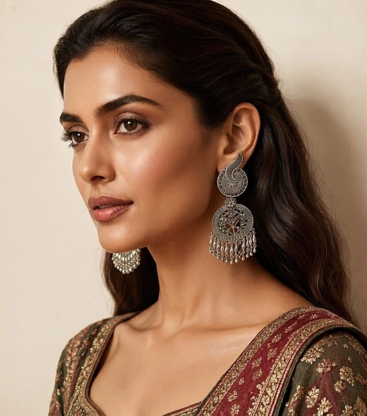 Vintage Oxidized Peacock Floral Jhumka Earrings