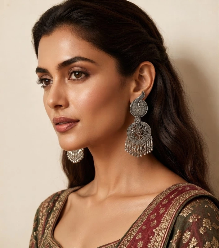 Vintage Oxidized Peacock Floral Jhumka Earrings