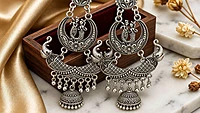 Radha Krishna Multi-Tiered Oxidized Chandbali Jhumkas