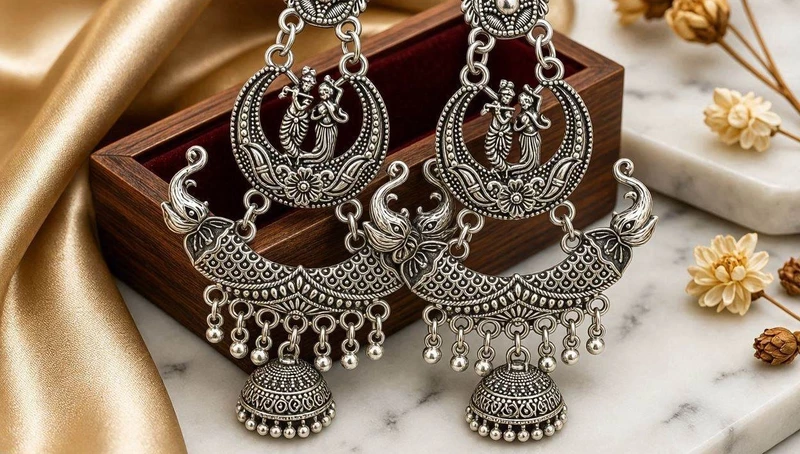 Radha Krishna Multi-Tiered Oxidized Chandbali Jhumkas