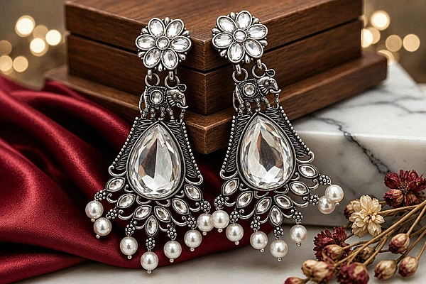 Royal Kundan & Pearl Oxidized Elephant Chandelier Earrings