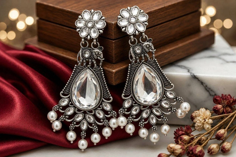 Royal Kundan & Pearl Oxidized Elephant Chandelier Earrings