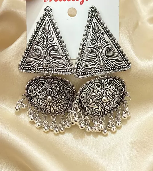 Triangular Peacock & Floral Oxidized Statement Earrings