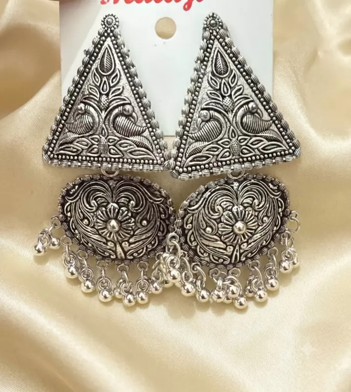 Triangular Peacock & Floral Oxidized Statement Earrings