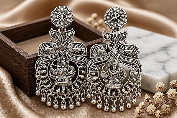 Divine Krishna Peacock Oxidized Chandbali Earrings