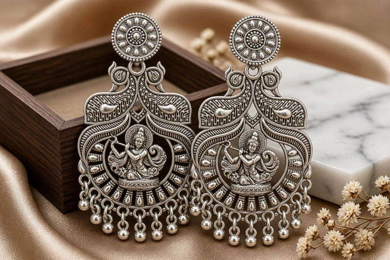 Divine Krishna Peacock Oxidized Chandbali Earrings