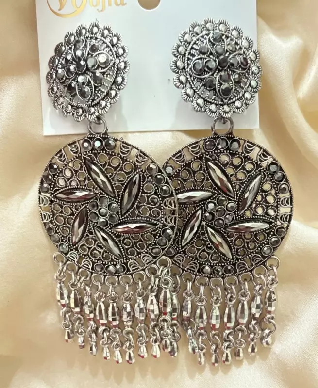 Vintage Crystal Starburst Oxidized Statement Drop Earrings