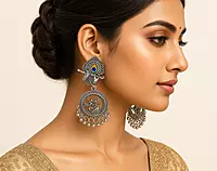 Peacock Feather & Radha Krishna Oxidized Earrings