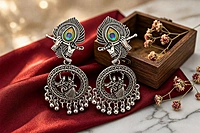 Peacock Feather & Radha Krishna Oxidized Earrings