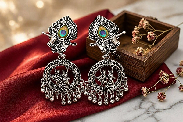 Peacock Feather & Radha Krishna Oxidized Earrings