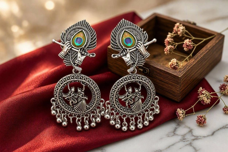 Peacock Feather & Radha Krishna Oxidized Earrings