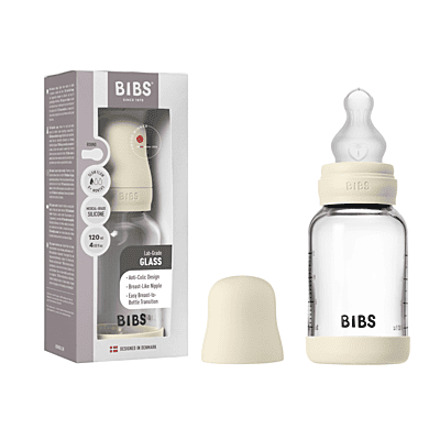 Bibs Glass Baby Bottle Round Silicone 1 pack 120ml Slow Flow Ivory
