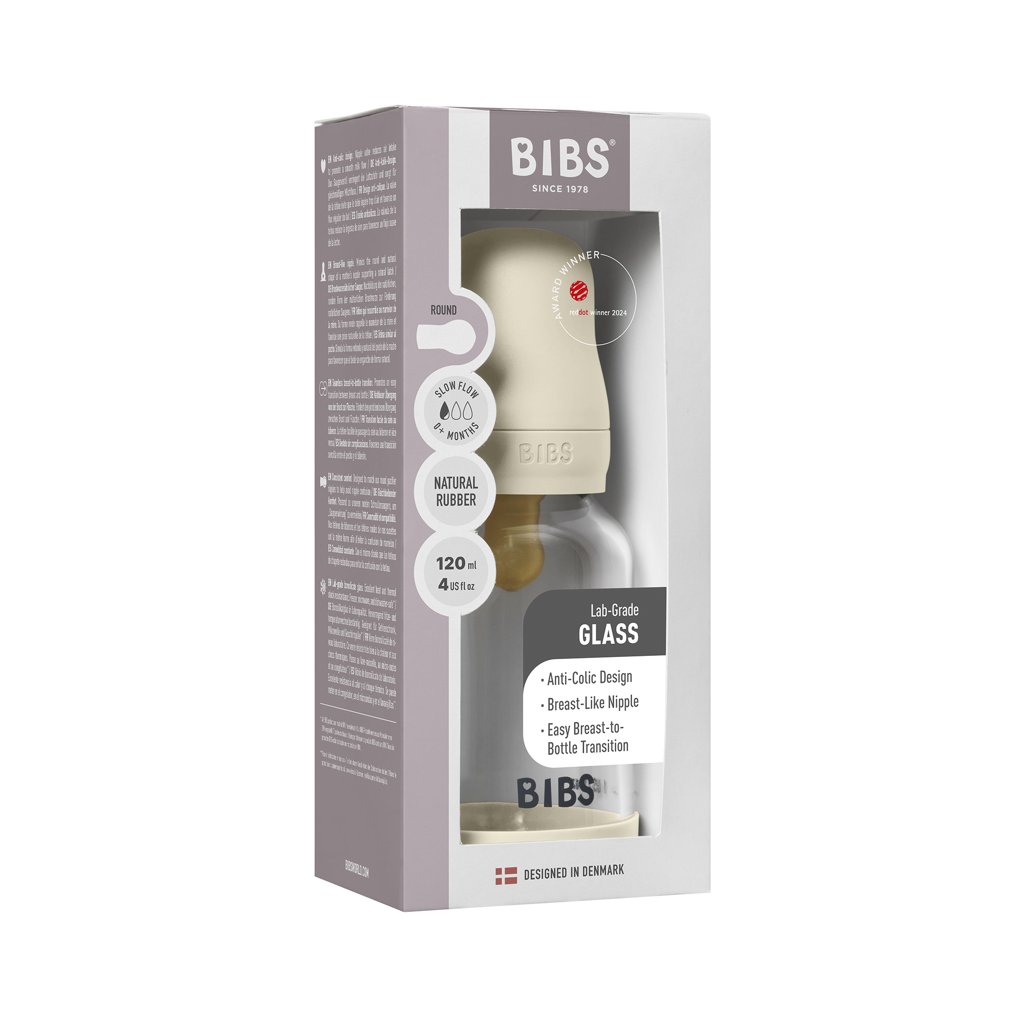 Bibs Glass Baby Bottle Round Latex 1 pack 120ml Slow Flow  Ivory