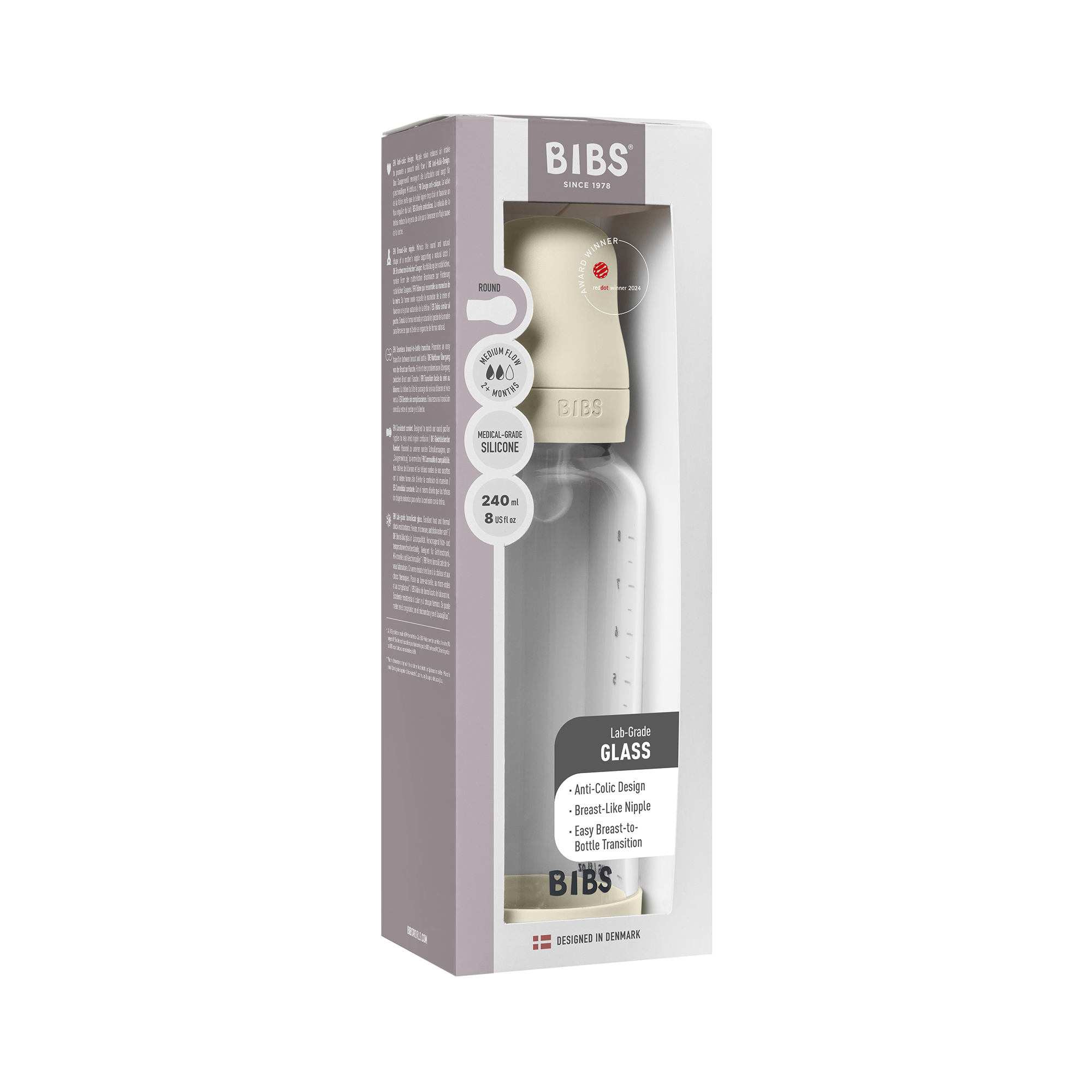 Bibs Baby Glass Bottle Round Silicone 1 pack 240ml Medium Flow Ivory