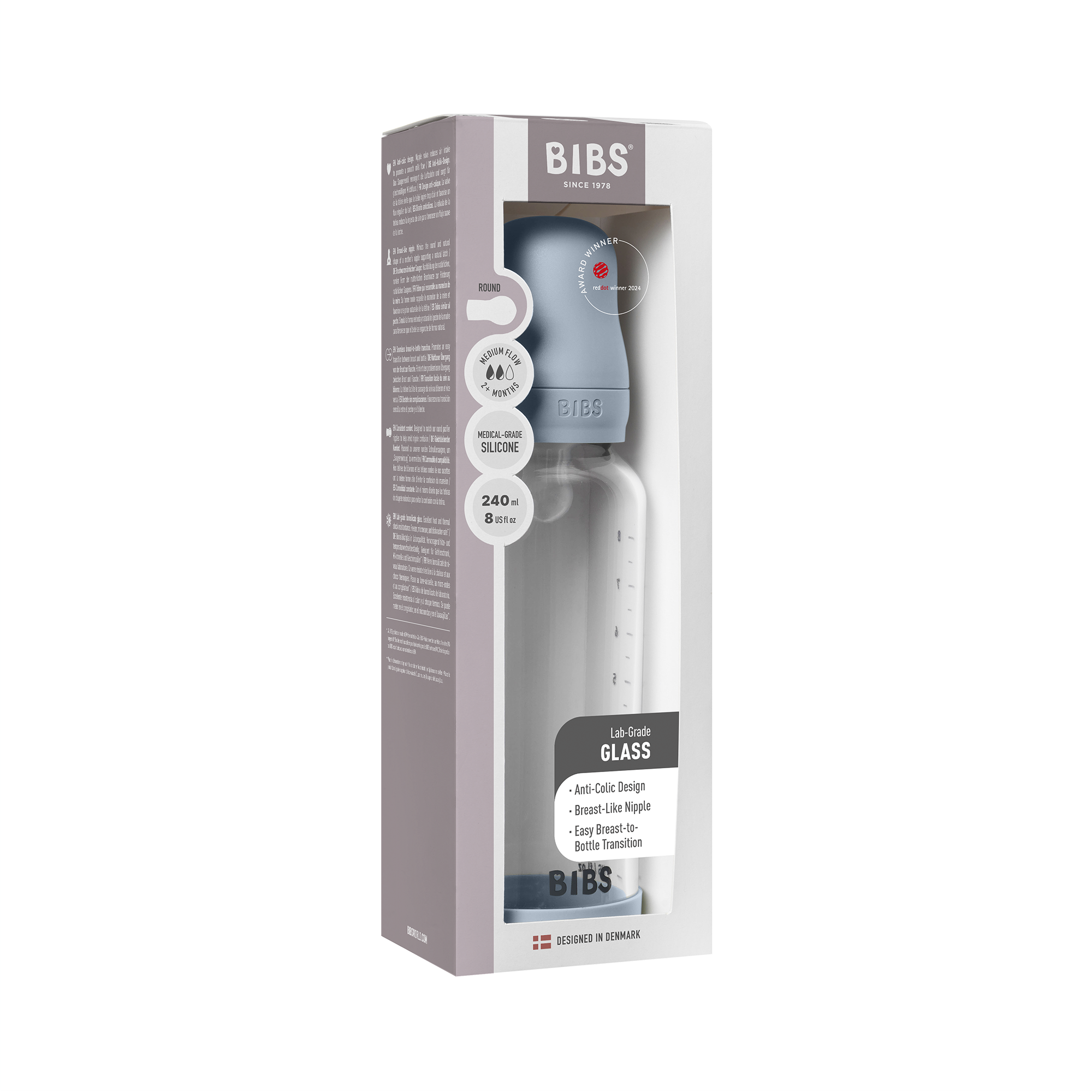 Bibs Baby Glass Bottle Round Silicone 1 pack 240ml Medium Flow Baby Blue