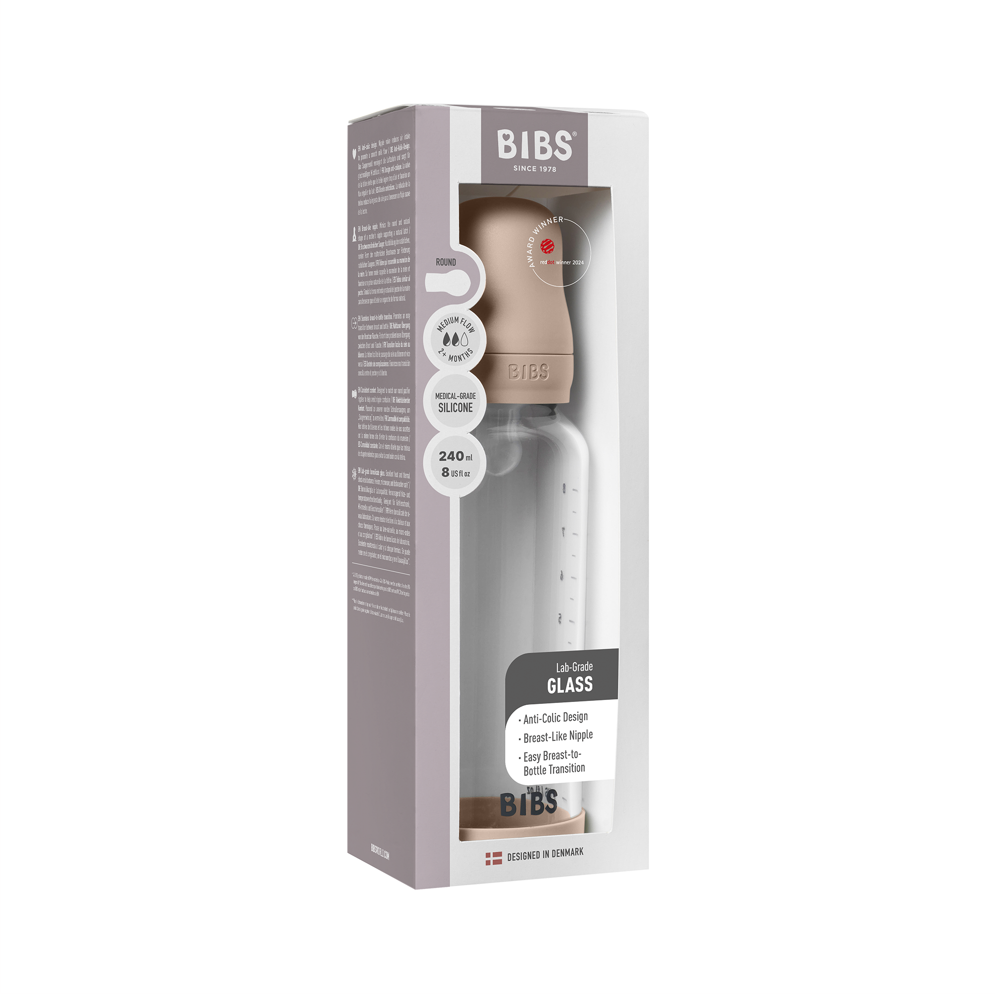 Bibs Baby Glass Bottle Round Silicone 1 pack 240ml Medium Flow Blush