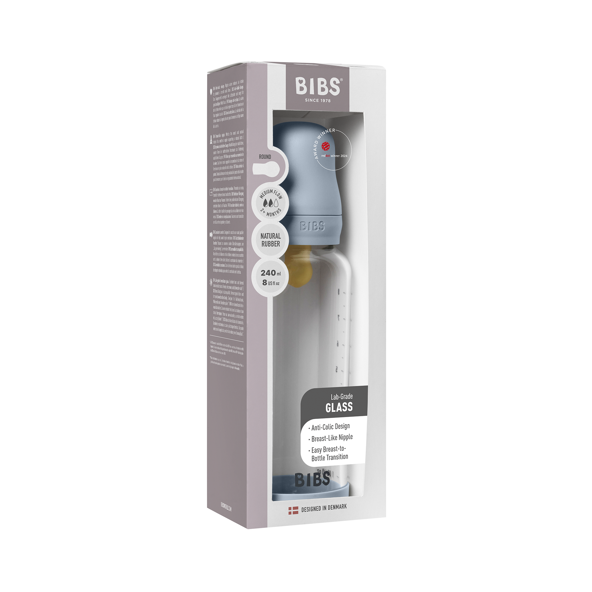 Bibs Baby Glass Bottle Round Latex 1 pack 240ml Medium Flow Baby Blue