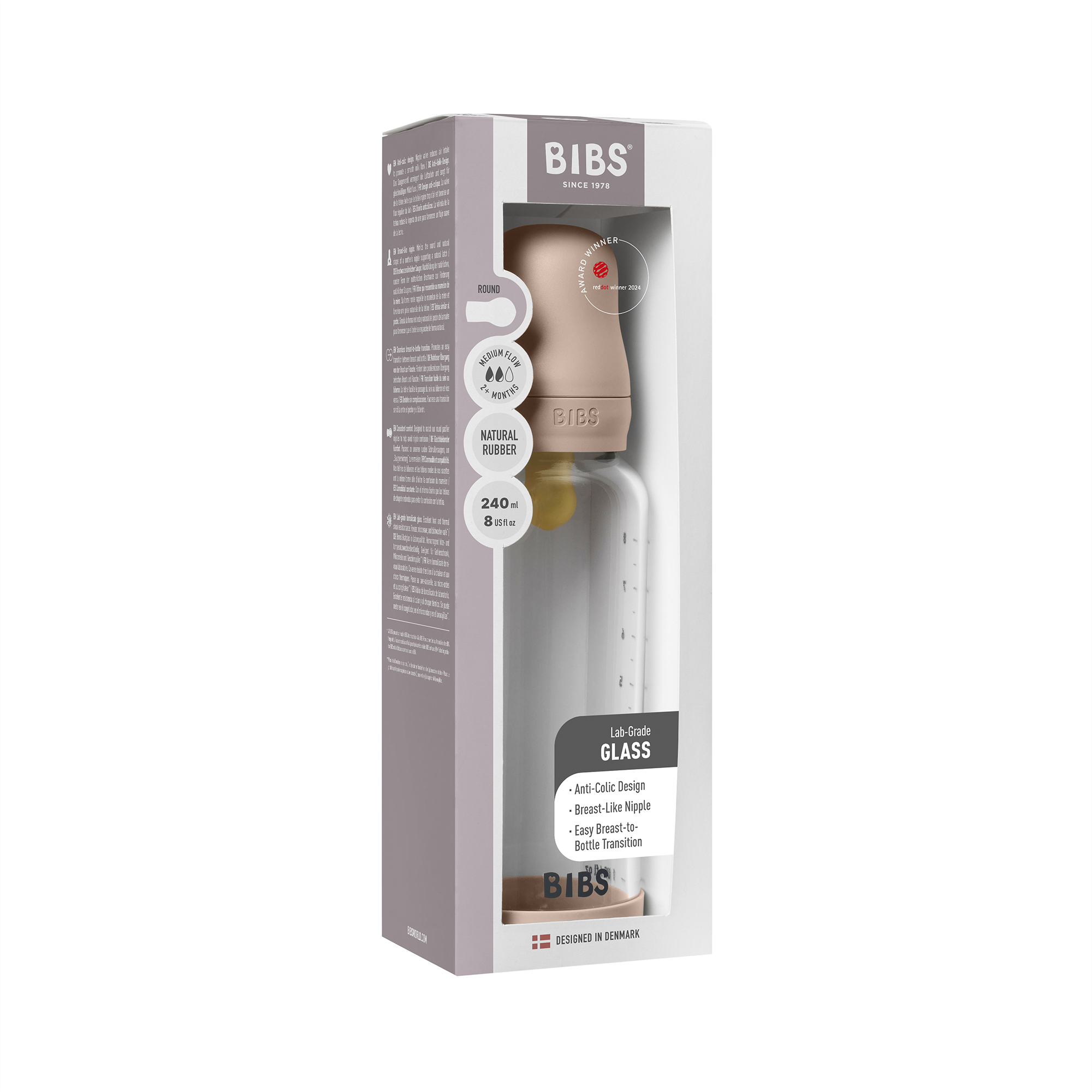 Bibs Baby Glass Bottle Round Latex 1 pack 240ml Medium Flow Blush