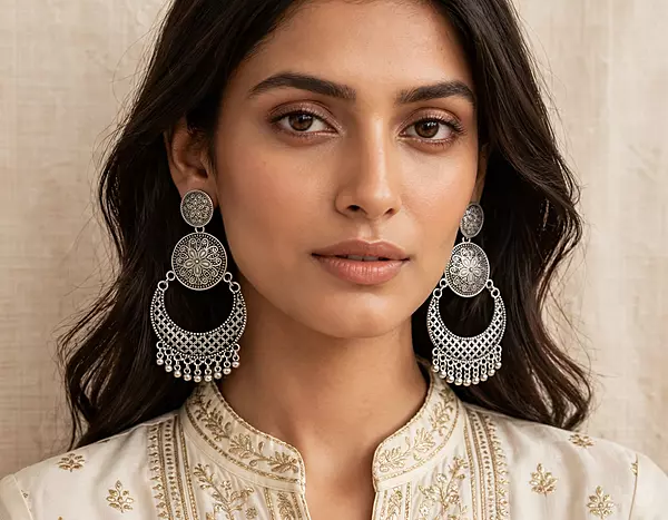 Mandala Filigree Crescent Oxidized Chandbali Earrings