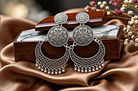 Mandala Filigree Crescent Oxidized Chandbali Earrings