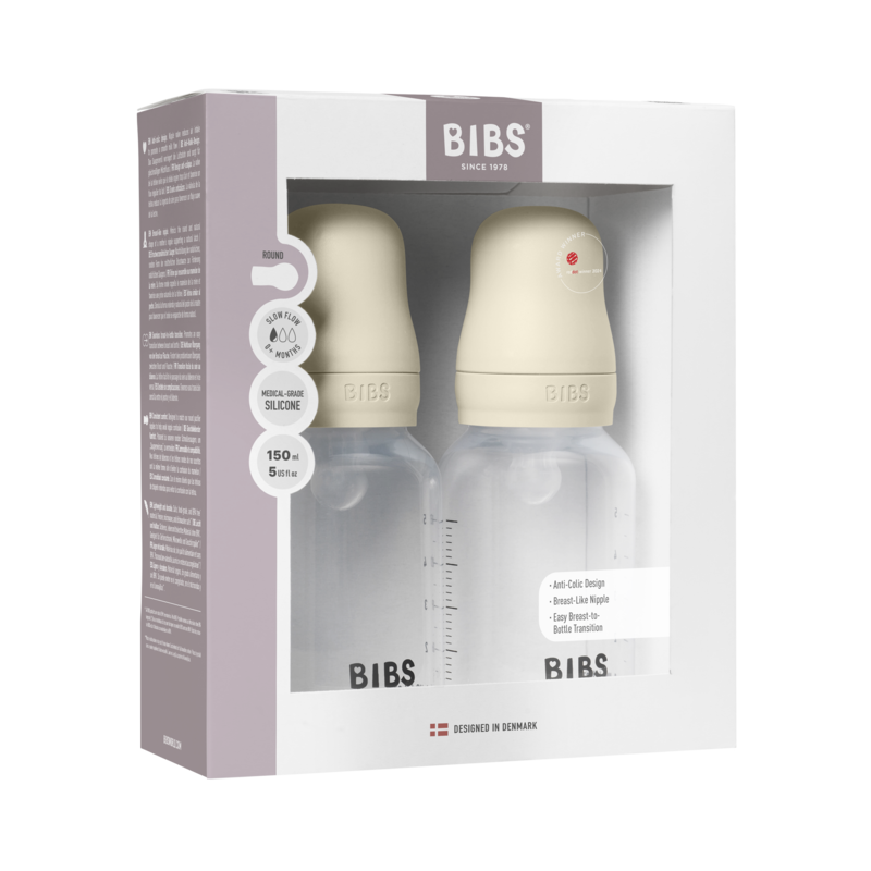 Bibs Baby Bottle Round Silicone 2 pack 150ml Slow Flow Ivory