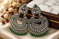 Emerald Peacock Oxidized Chandbali Earrings