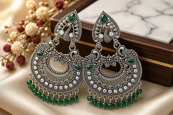 Emerald Peacock Oxidized Chandbali Earrings