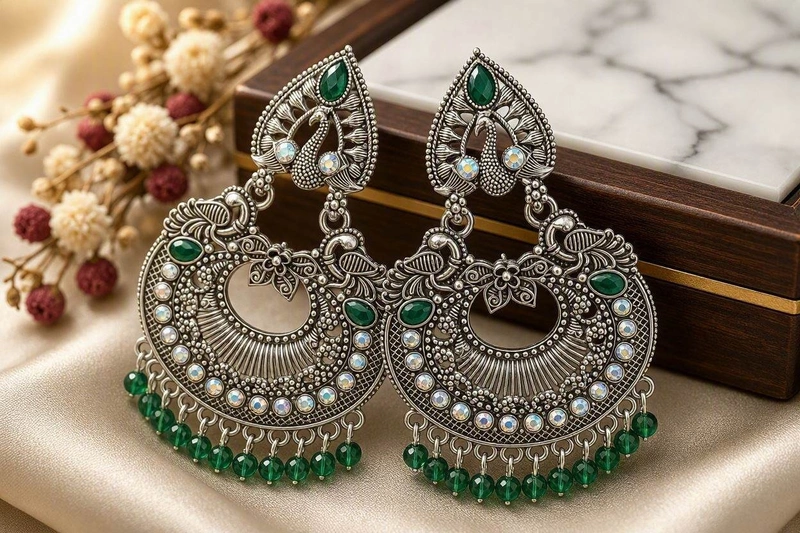 Emerald Peacock Oxidized Chandbali Earrings