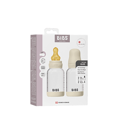 Bibs Glass Baby Bottle Round Latex 2 pack 120ml Slow Flow Ivory Bibs Glass Baby Bottle Round Latex 2 pack 120ml Slow Flow Ivory