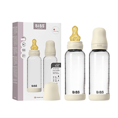 Bibs Baby Glass Bottle Round Latex 2 pack 240ml Medium Flow Ivory