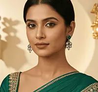 Emerald Stud & Crystal Leaf Oxidized Drop Earrings
