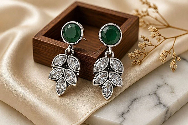 Emerald Stud & Crystal Leaf Oxidized Drop Earrings